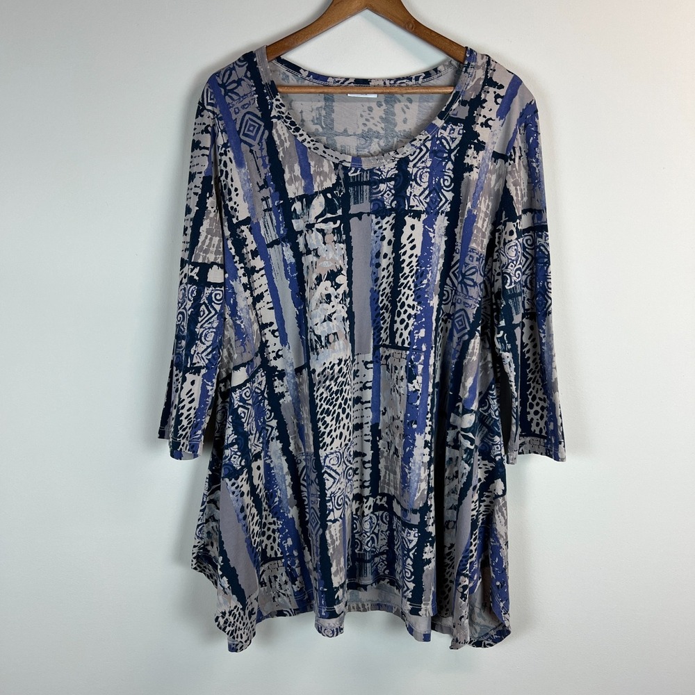 Prairie Cotton Tunic Top‎ Womens 1X Navy Gray 3/4 Sleeve Knit Printed Artsy Plus